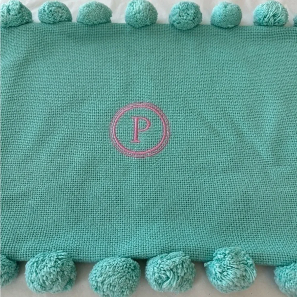Pottery Barn Teen Pool Green Embroidered‎ P Pom Pom Organic Pillow Cover 12x 24